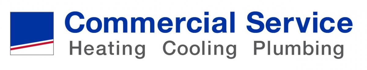 Logo for Commercial Service in blue and red, reads "Commercial Service: Heating, Cooling, Commercial, Residential, Since 1946"